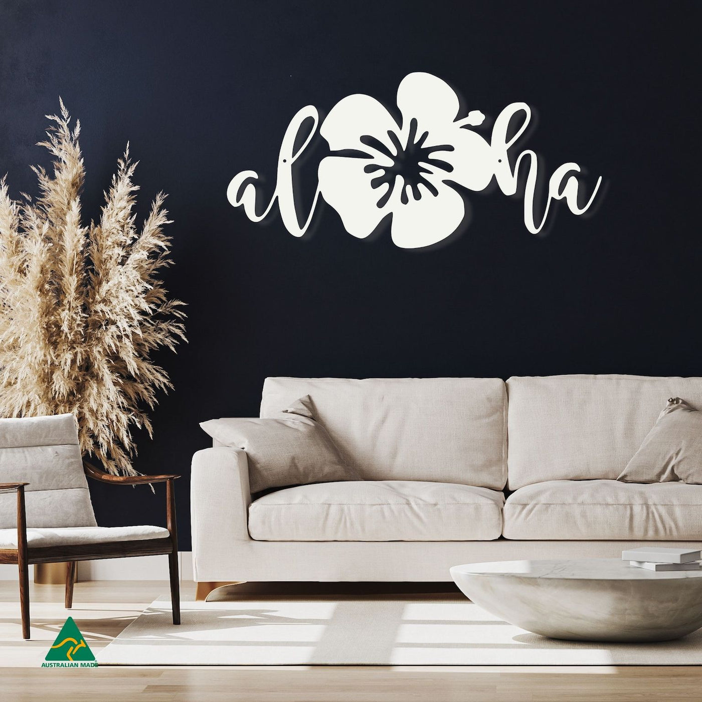 Aloha Hibiscus Flower Wall Sign Staged Image | White Matt