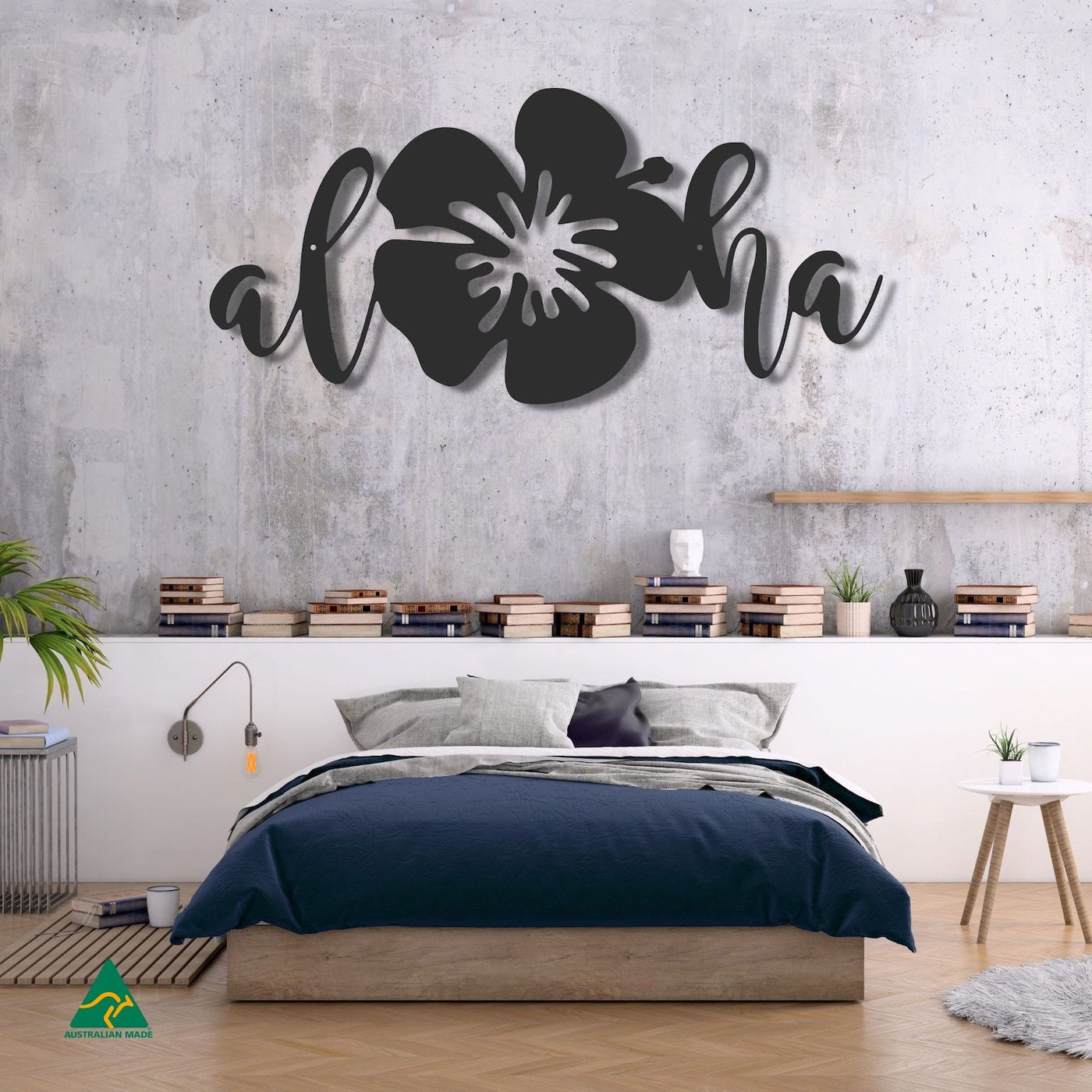 Aloha Hibiscus Flower Wall Sign Staged Image | Night Sky (Black) Matt