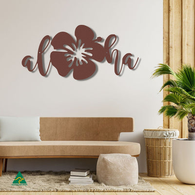 Aloha Hibiscus Flower Wall Sign Staged Image | Rust Patina