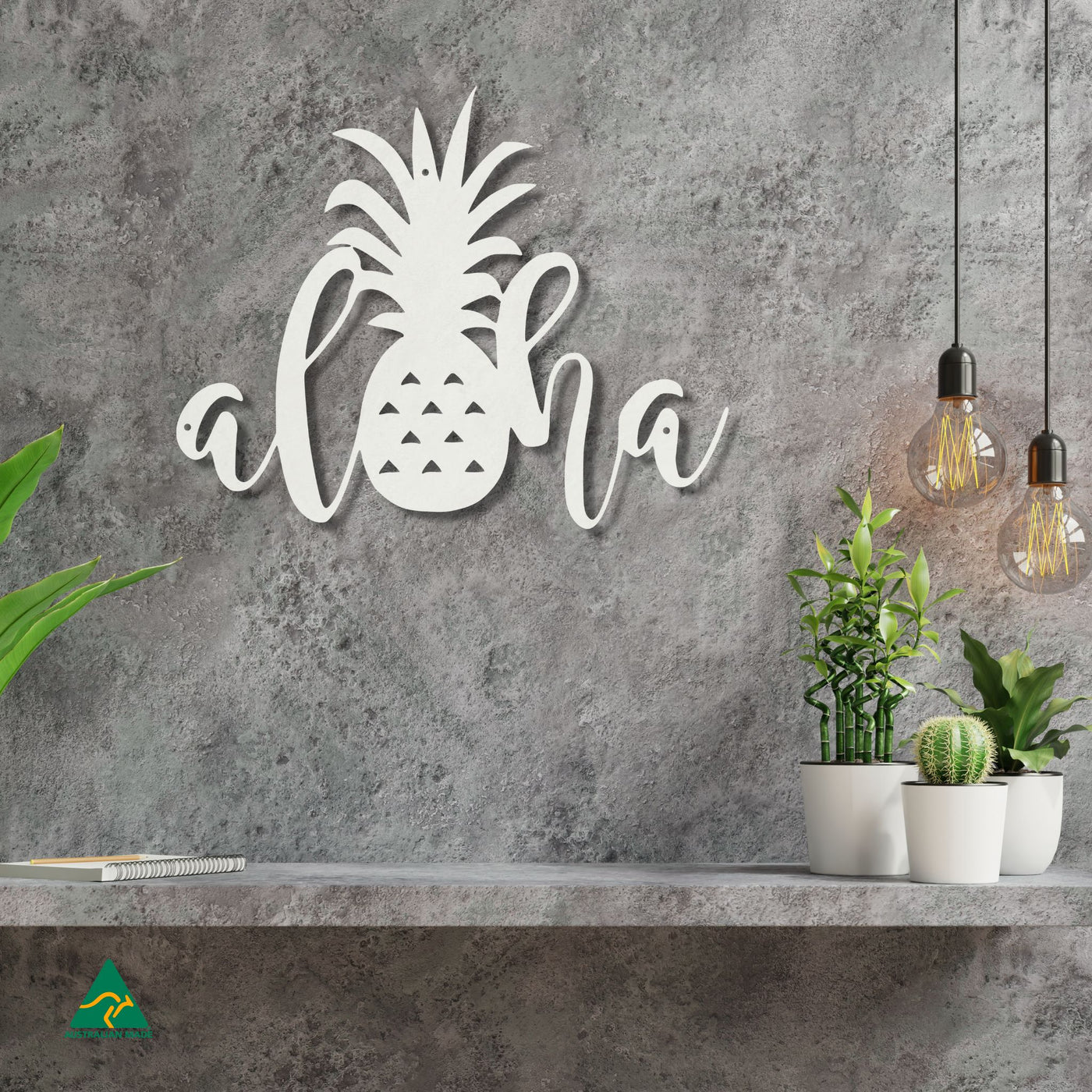 Aloha Pineapple Wall Sign Staged Image | White Matt