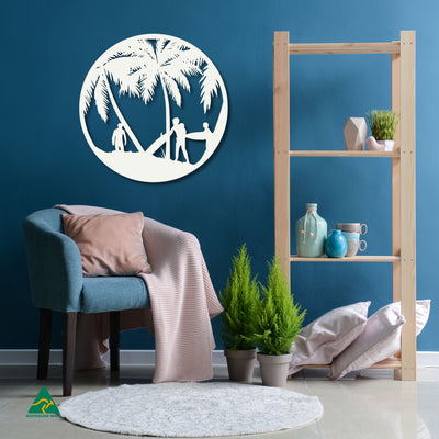 Beach Break Round Metal Wall Art Staged Image | White Matt
