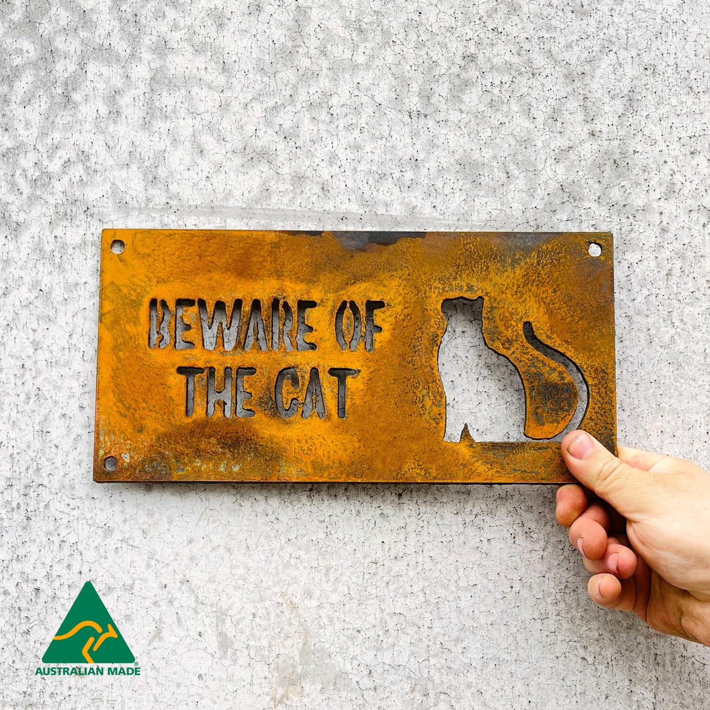 Romeo Beware of the Cat Wall Sign | Rust Finish