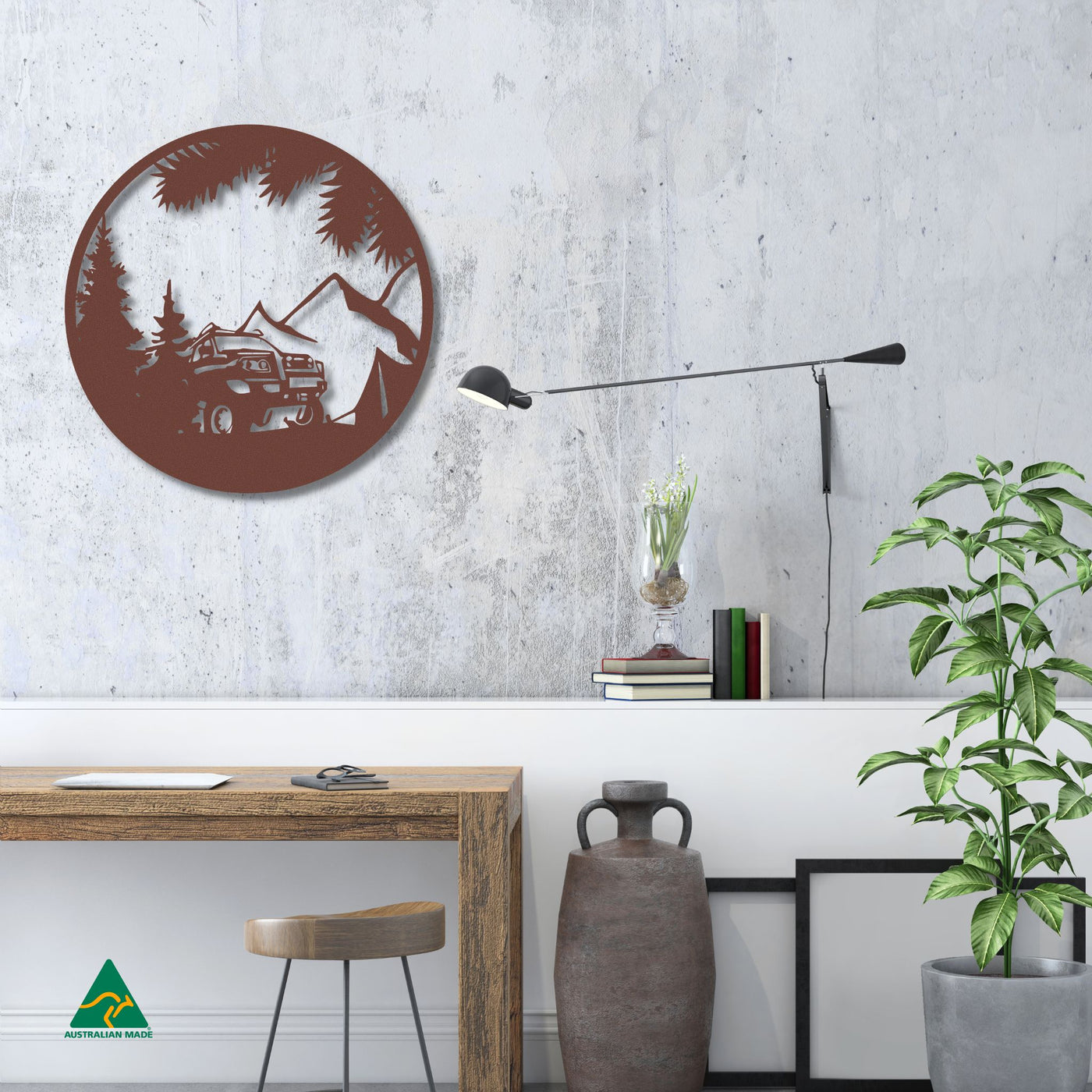 Camping Out Round Metal Wall Art Staged Image | Rust Patina