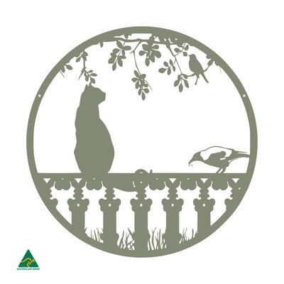 Cat on Fence Round Metal Wall Art | Pale Eucalypt Matt