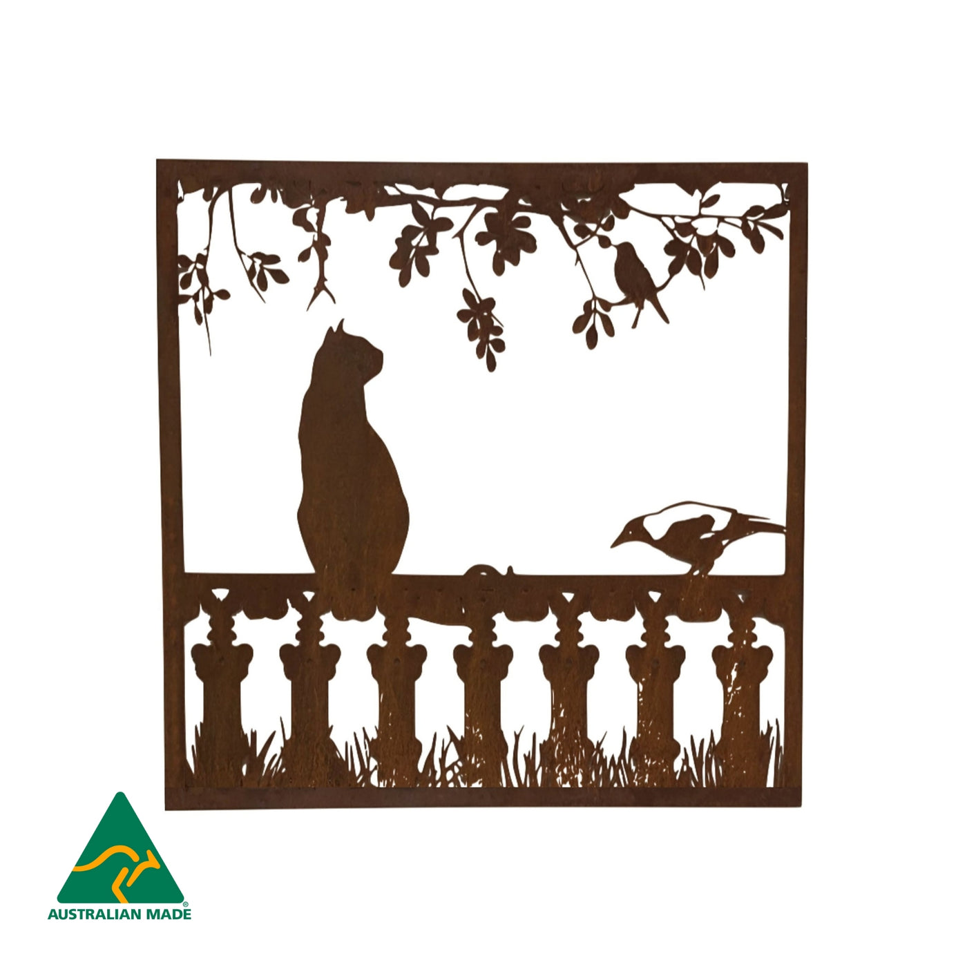 Cat on Fence Metal Wall Art | Rust Finish