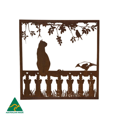 Cat on Fence Metal Wall Art | Rust Finish
