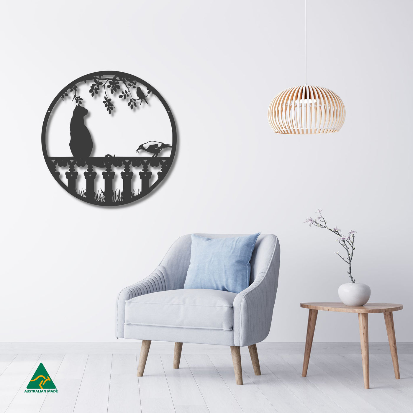 Cat on Fence Round Metal Wall Art Staged Image | Night Sky (Black) Matt