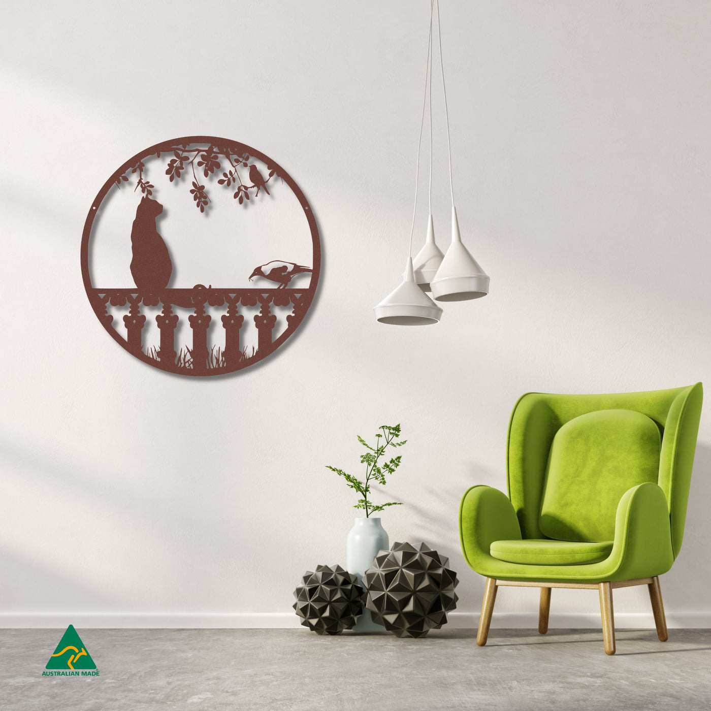 Cat on Fence Round Metal Wall Art Staged Image | Rust Patina