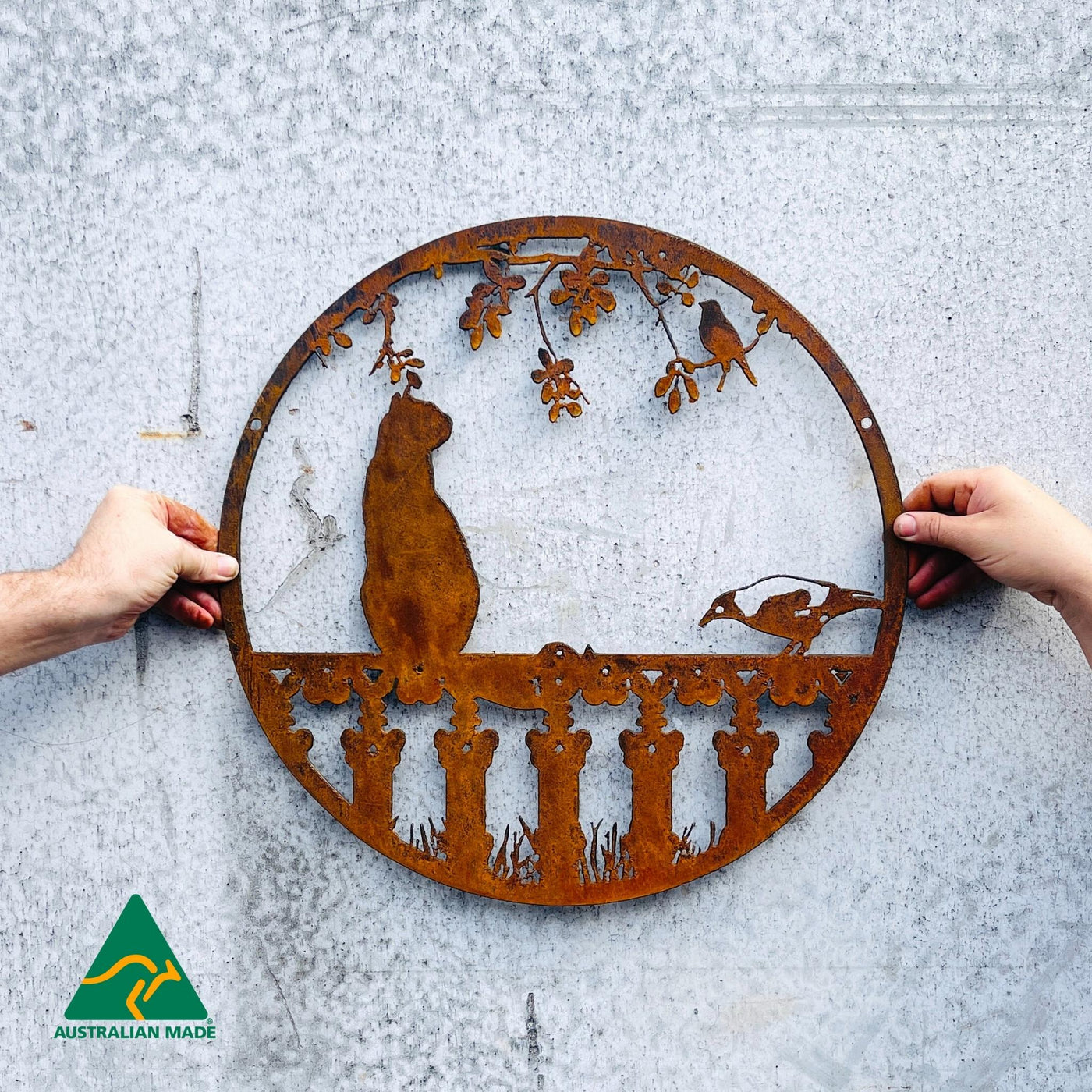 Cat on Fence Round Metal Wall Art | Rust Finish