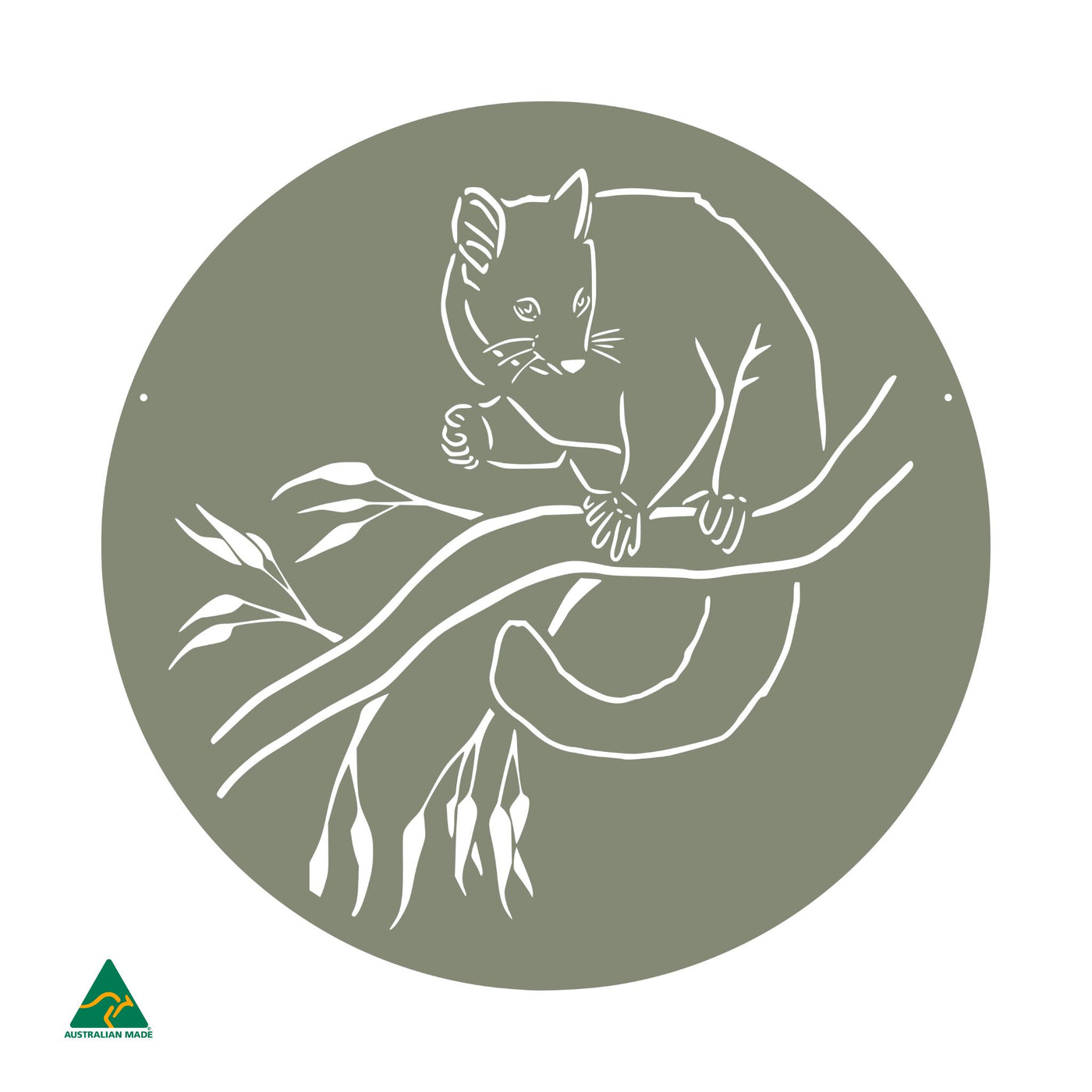 Cheeky Possum Round Metal Wall Art | Pale Eucalypt Matt