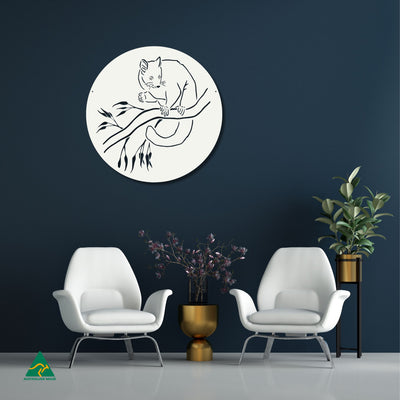 Cheeky Possum Round Metal Wall Art Staged Image | White Matt