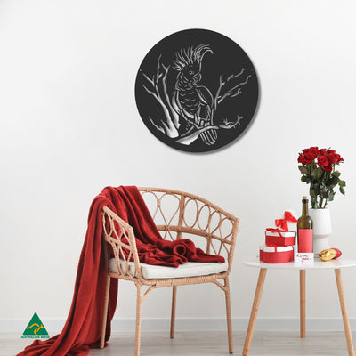 Cockatoo Round Metal Wall Art Staged Image | Night Sky (Black) Matt