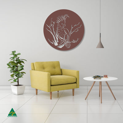 Cockatoo Round Metal Wall Art Staged Image | Rust Patina