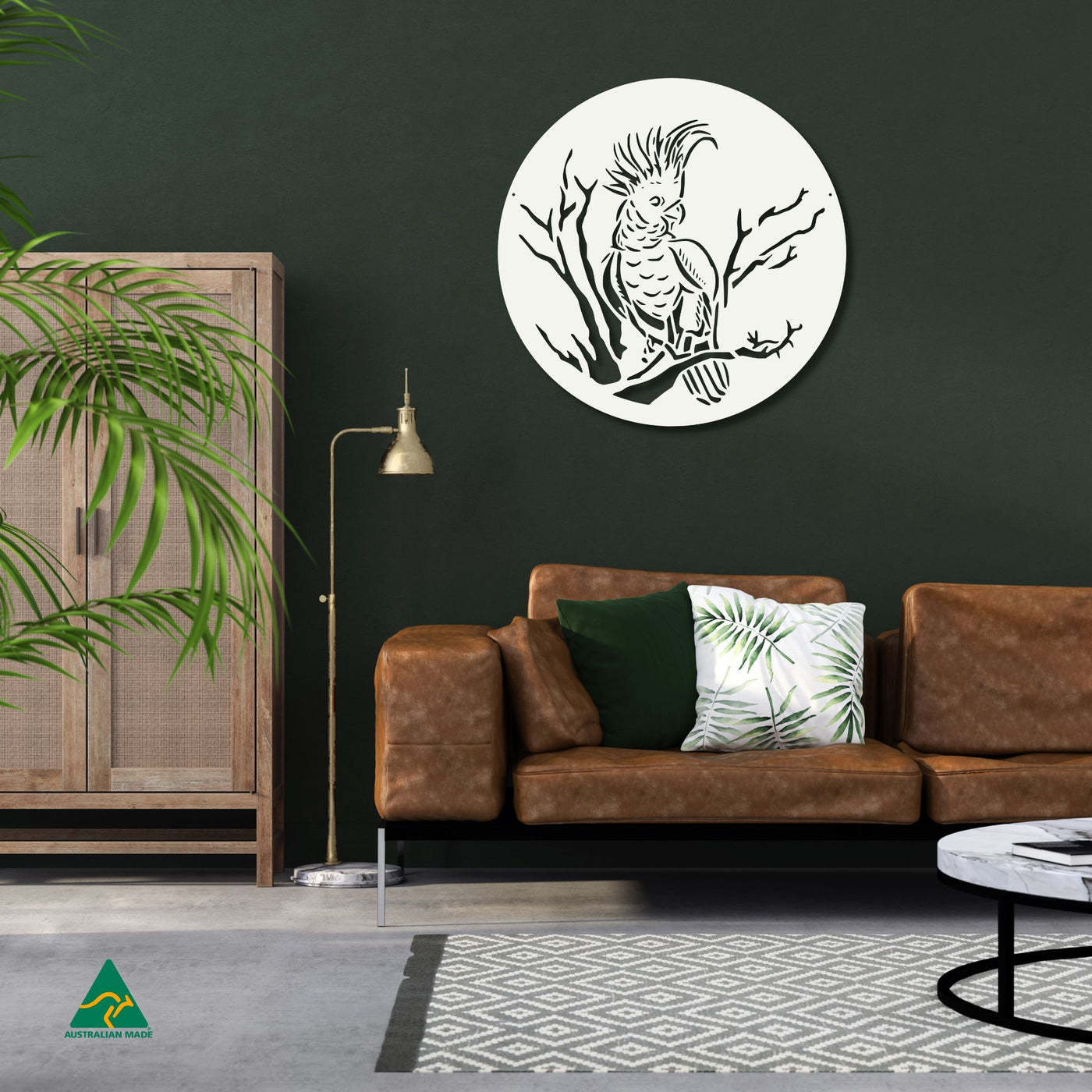 Cockatoo Round Metal Wall Art Staged Image | White Matt