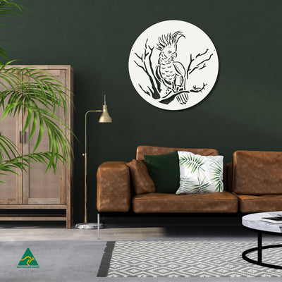 Cockatoo Round Metal Wall Art Staged Image | White Matt