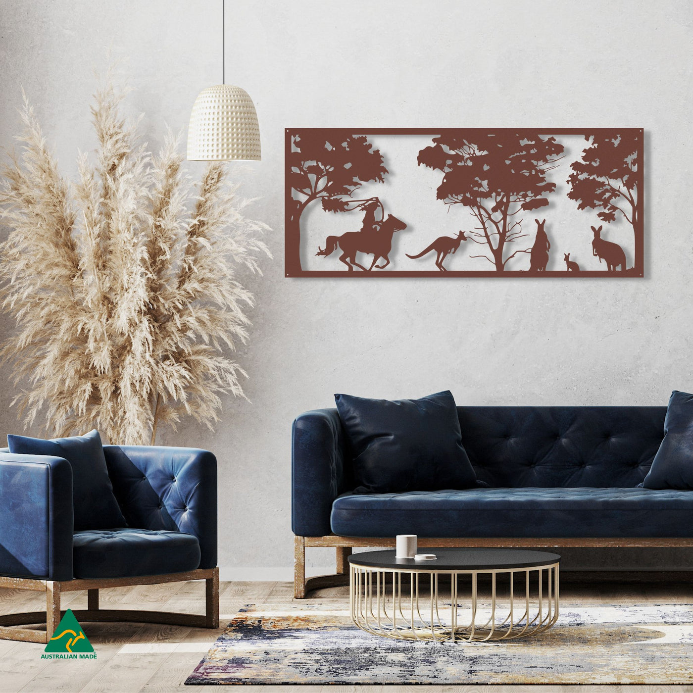 Cowgirl & Kangaroos Metal Wall Art Staged Image | Rust Patina