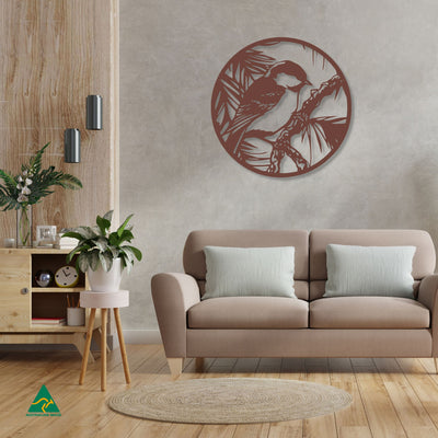 The Fairy Wren Round Metal Wall Art Staged Image | Rust Patina