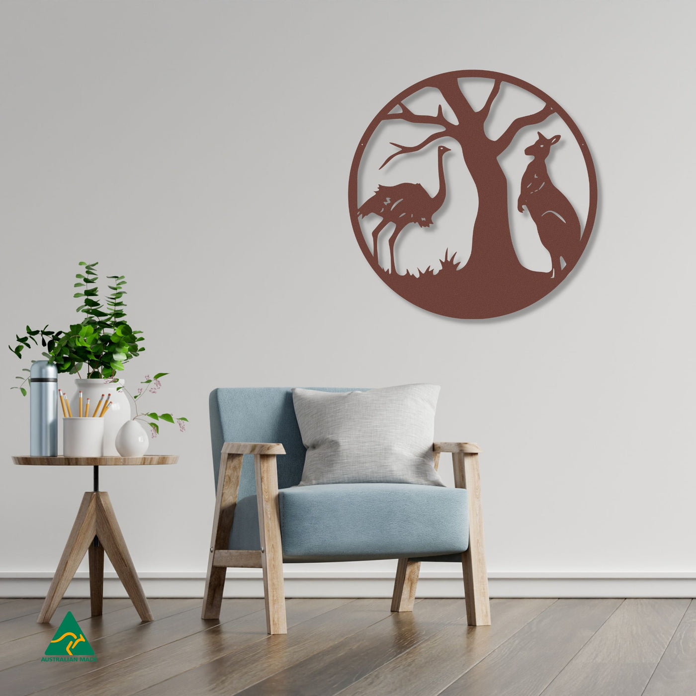 Forward Australia Round Metal Wall Art Staged Image | Rust Patina