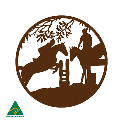 Horse Jumping Event Round Metal Wall Art | Rust Finish
