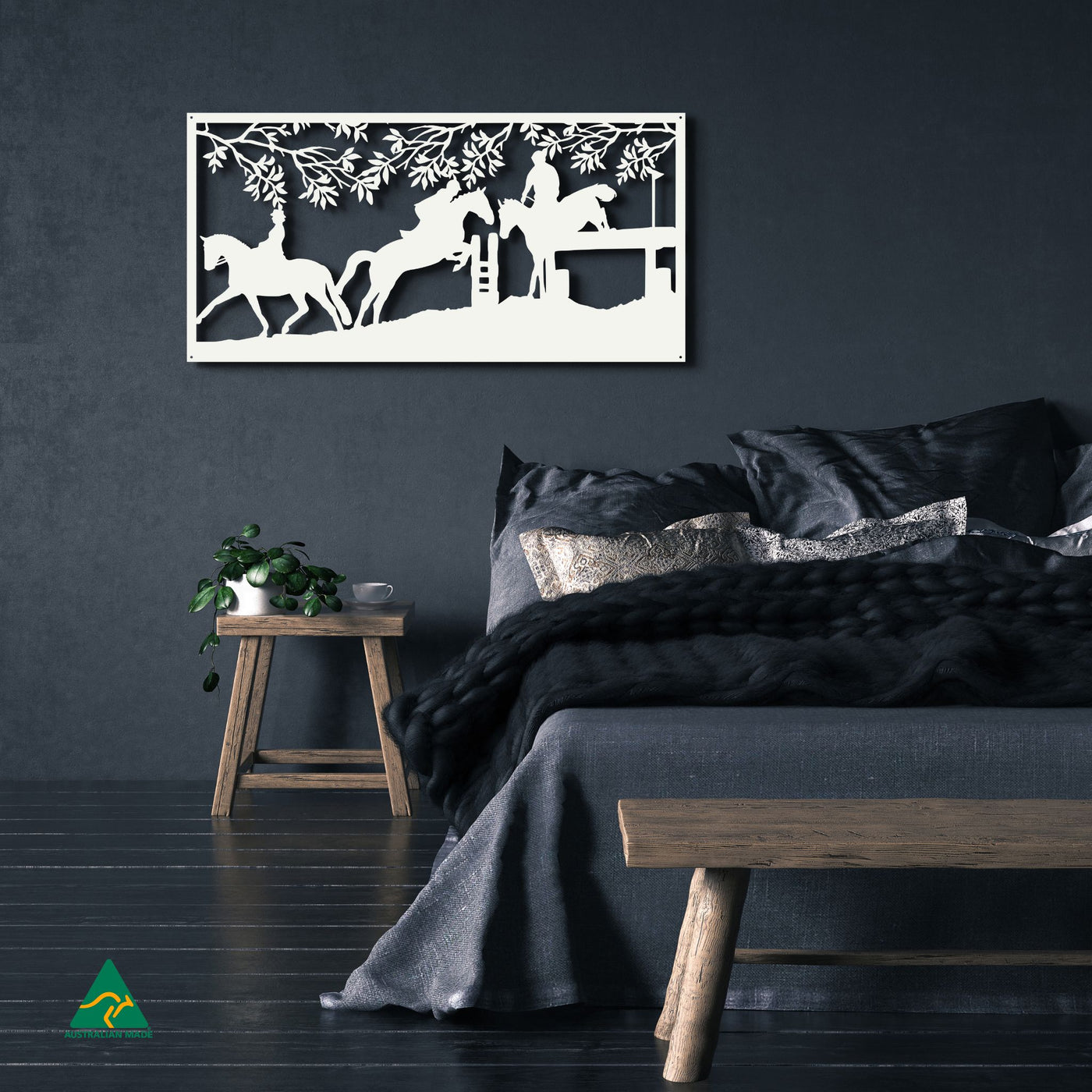 Horse Jumping Metal Wall Art Staged Image | White Matt