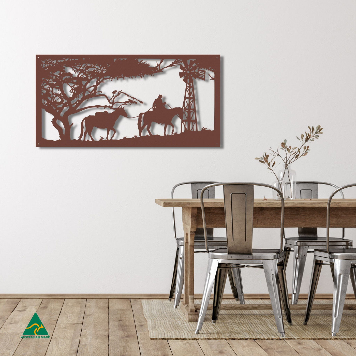 Horse Riding Scene Metal Wall Art Staged Image | Rust Patina
