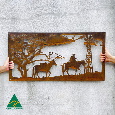 Horse Riding Scene Metal Wall Art | Rust Finish