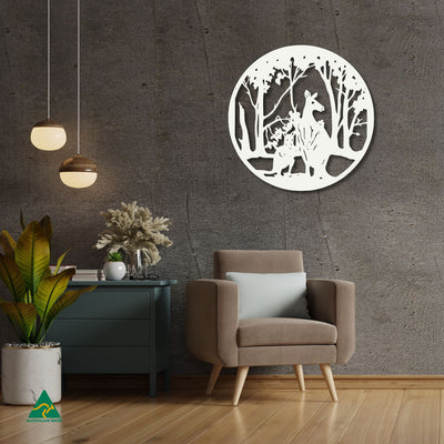 Kangaroo Round Metal Wall Art Staged Image | White Matt