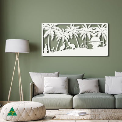 Kangaroos on the Beach Metal Wall Art Staged Image | White Matt