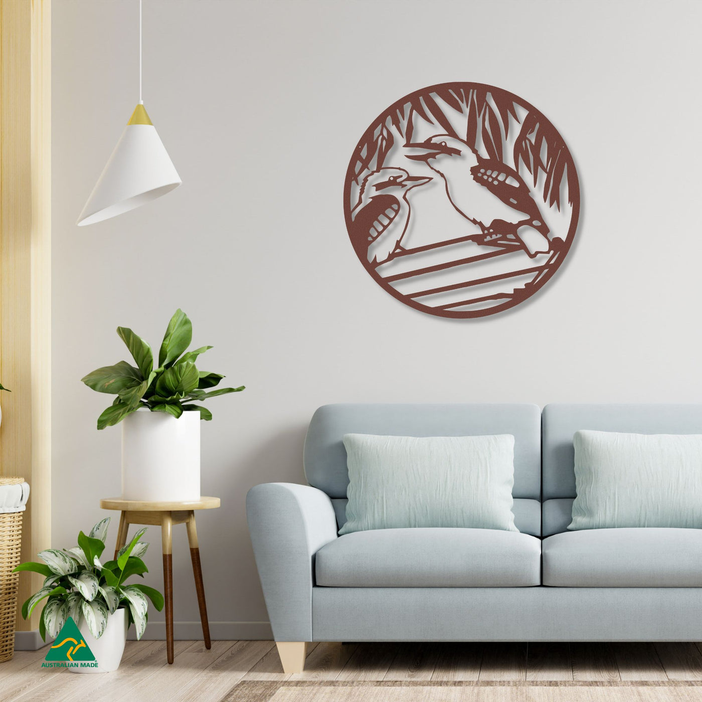 Kookaburra Round Metal Wall Art Staged Image | Rust Patina