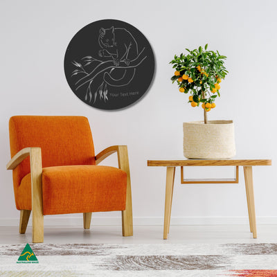 Personalised Cheeky Possum Round Metal Wall Art Staged Image | Night Sky (Black) Matt