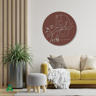 Personalised Cheeky Possum Round Metal Wall Art Staged Image | Rust Patina