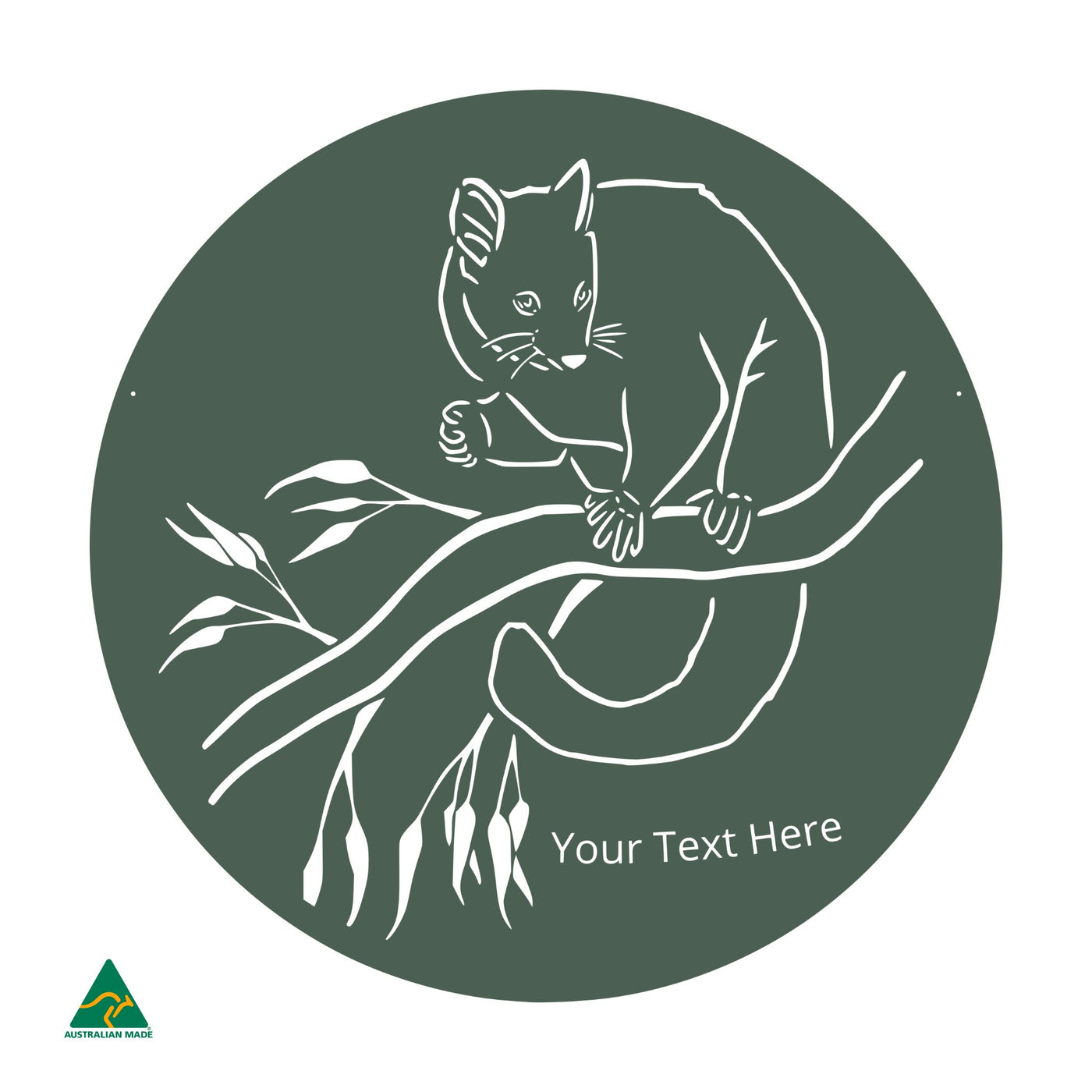 Personalised Cheeky Possum Round Metal Wall Art | Cottage Green Satin