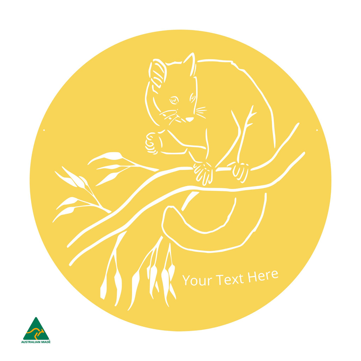 Personalised Cheeky Possum Round Metal Wall Art | Lemon Yellow Gloss