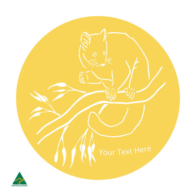 Personalised Cheeky Possum Round Metal Wall Art | Lemon Yellow Gloss
