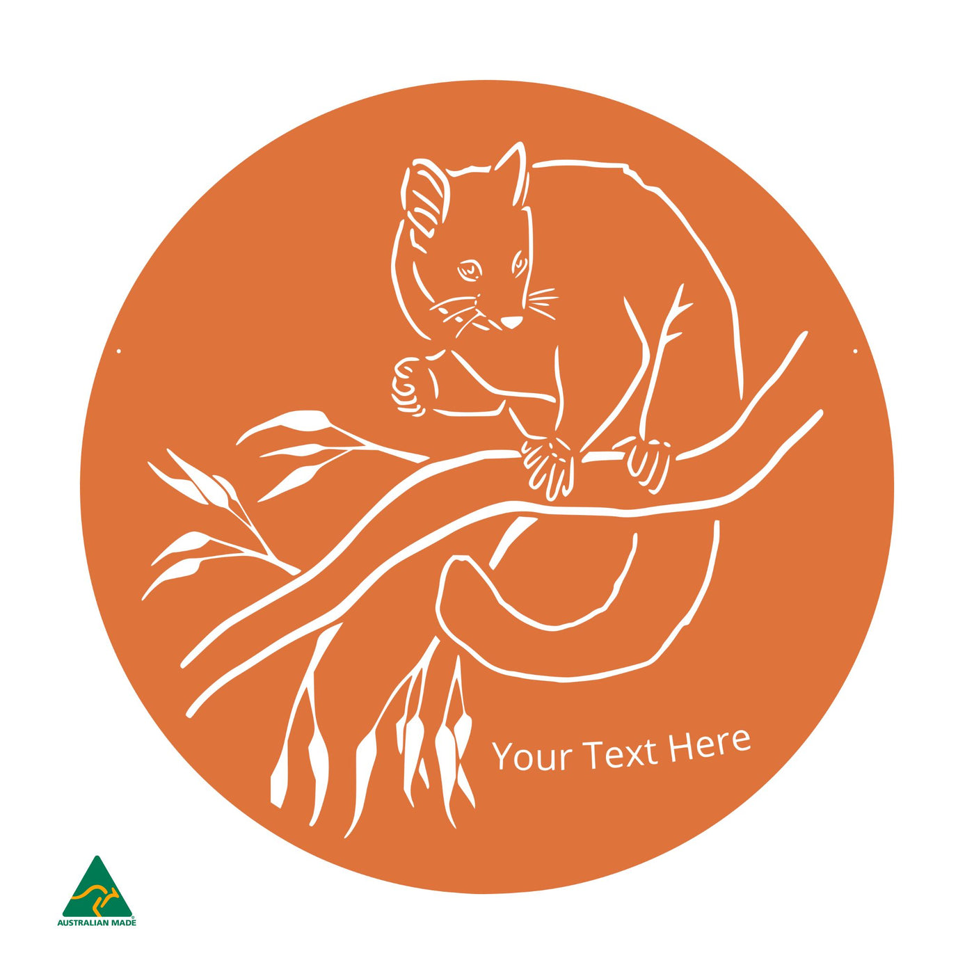 Personalised Cheeky Possum Round Metal Wall Art | Orange X15 Gloss