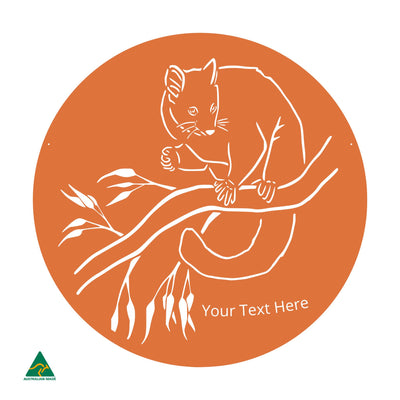 Personalised Cheeky Possum Round Metal Wall Art | Orange X15 Gloss