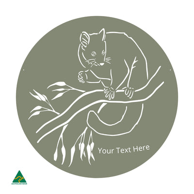 Personalised Cheeky Possum Round Metal Wall Art | Pale Eucalypt Matt