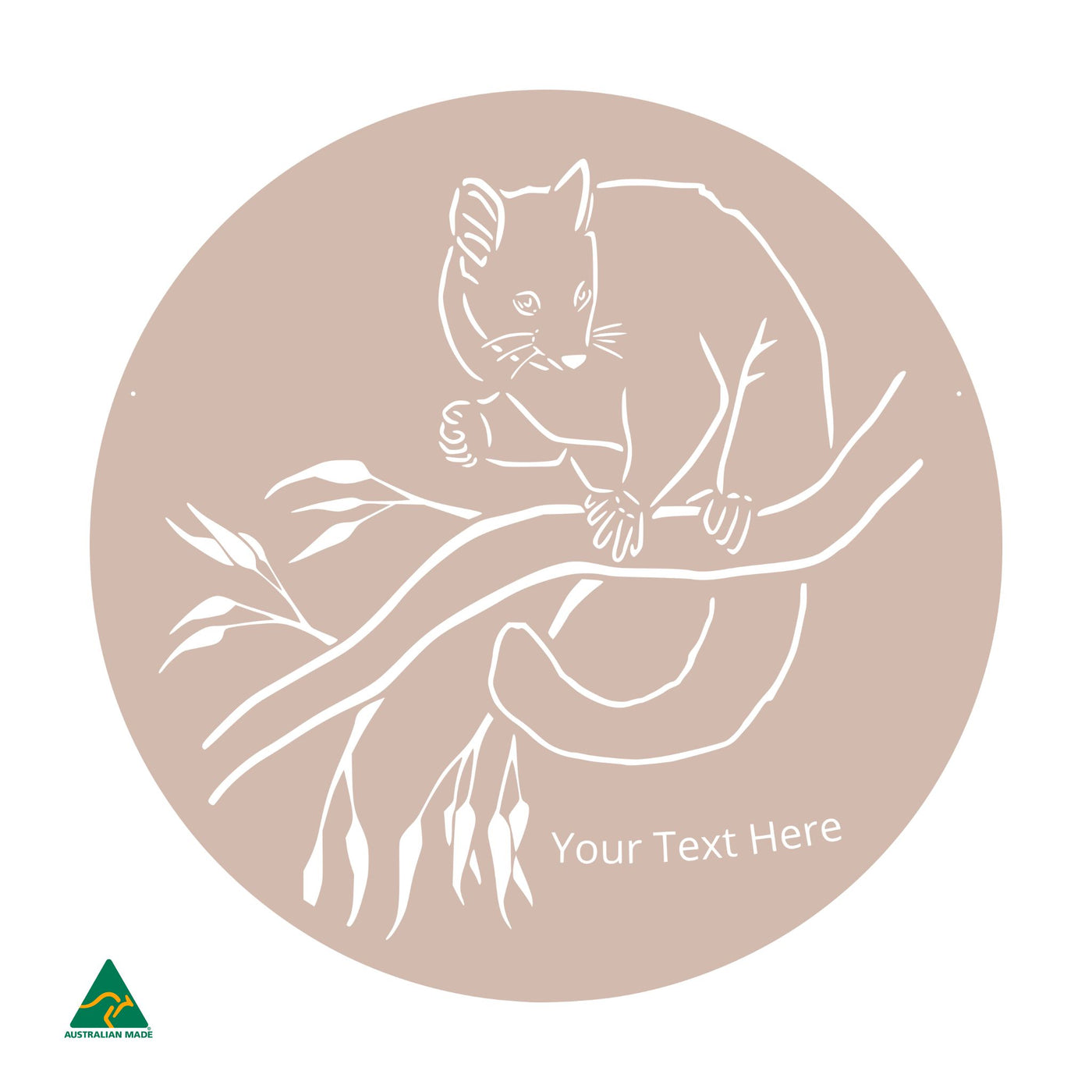 Personalised Cheeky Possum Round Metal Wall Art | Pink Sand Matt