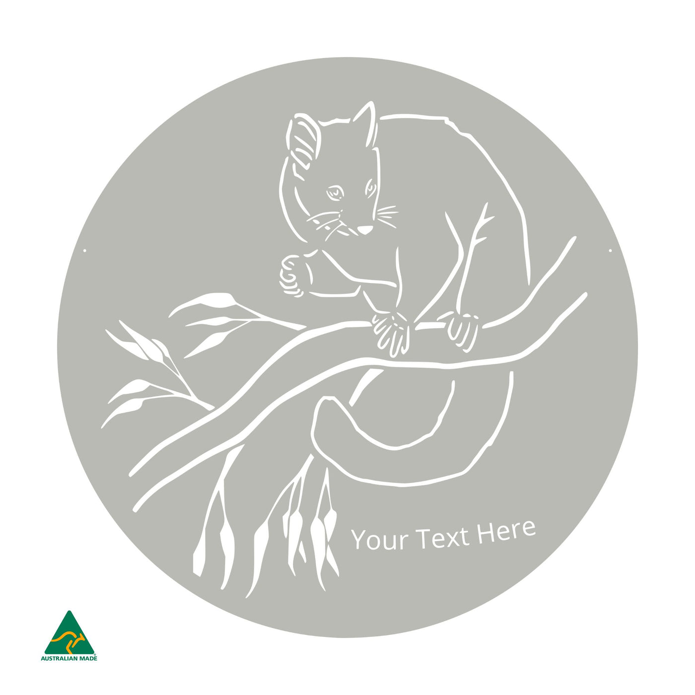 Personalised Cheeky Possum Round Metal Wall Art | Shale Grey Matt