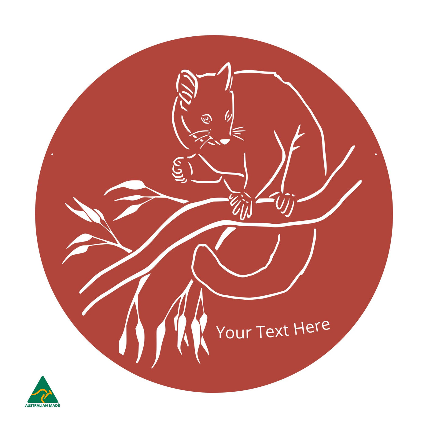Personalised Cheeky Possum Round Metal Wall Art | Signal Red Gloss