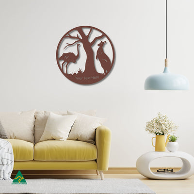 Personalised Forward Australia Round Metal Wall Art Staged Image | Rust Patina