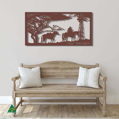 Personalised Horse Riding Scene Metal Wall Art Staged Image | Rust Patina