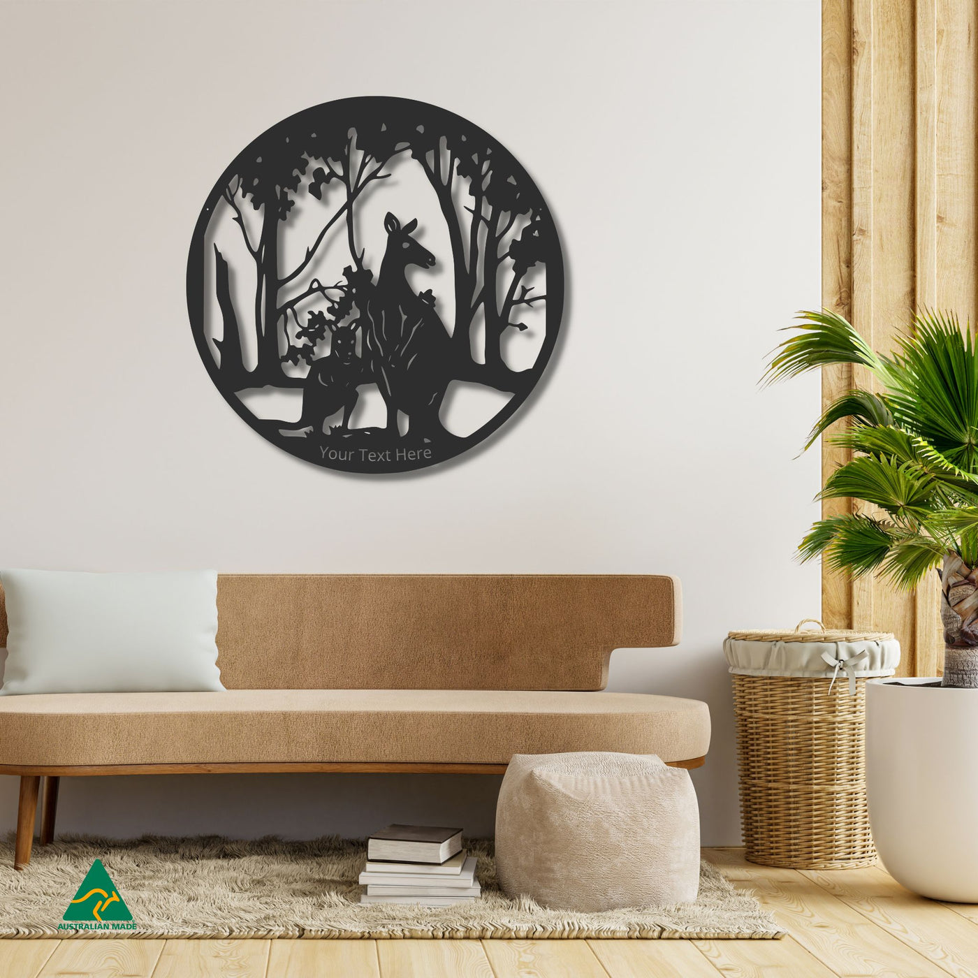 Personalised Kangaroo Round Metal Wall Art Staged Image | Night Sky (Black) Matt