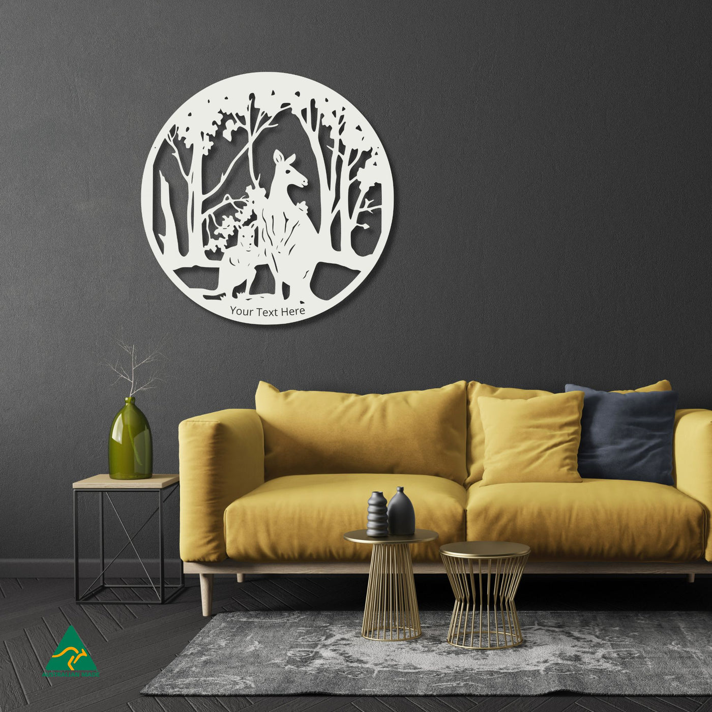 Personalised Kangaroo Round Metal Wall Art Staged Image | White Matt