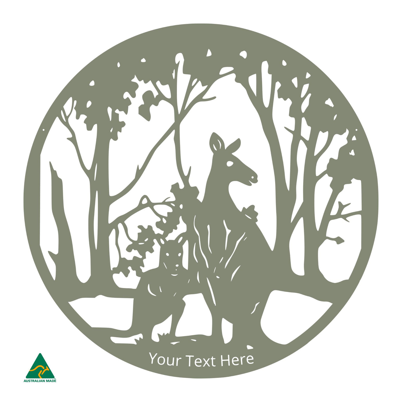 Personalised Kangaroo Round Metal Wall Art | Pale Eucalypt Matt