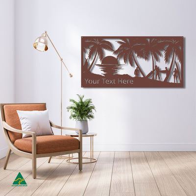 Personalised Surf’s Up Metal Wall Art Staged Image | Rust Patina