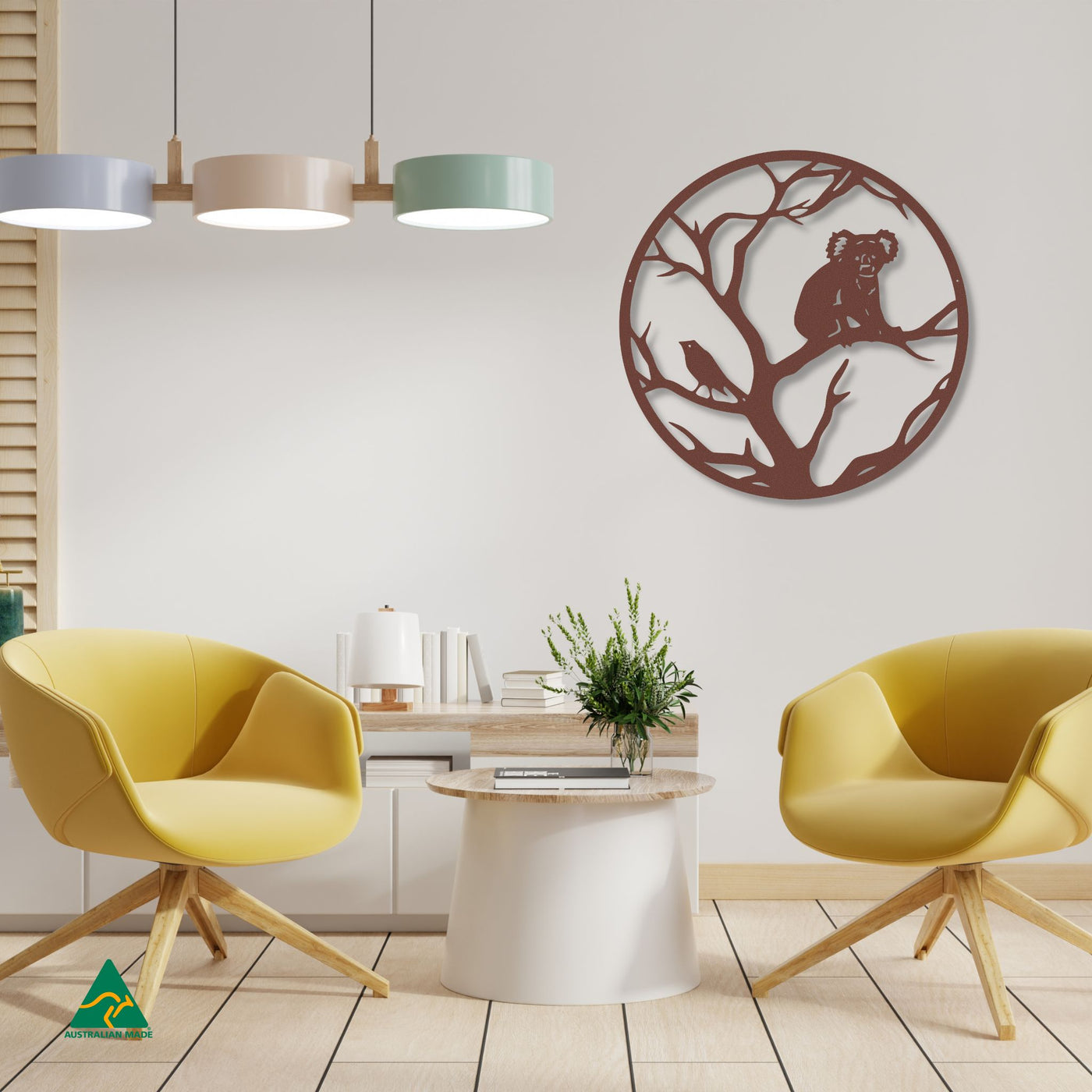 Sleepy Marsupial Round Metal Wall Art Staged Image | Rust Patina