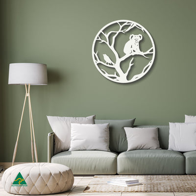 Sleepy Marsupial Round Metal Wall Art Staged Image | White Matt