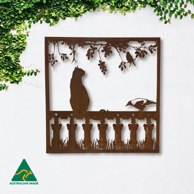 Cat on Fence Metal Wall Art | Rust Finish
