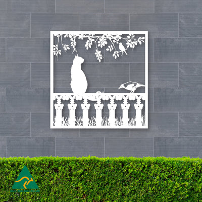 Cat on Fence Metal Wall Art | White Finish